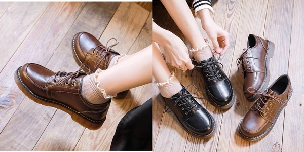 รองเท้าหนังหุ้มส้นโลลิตา BAOBAOSHOP ส้น 2.5 ซม. ผูกเชือก ดำ-น้ำตาล น่ารักเกินต้าน